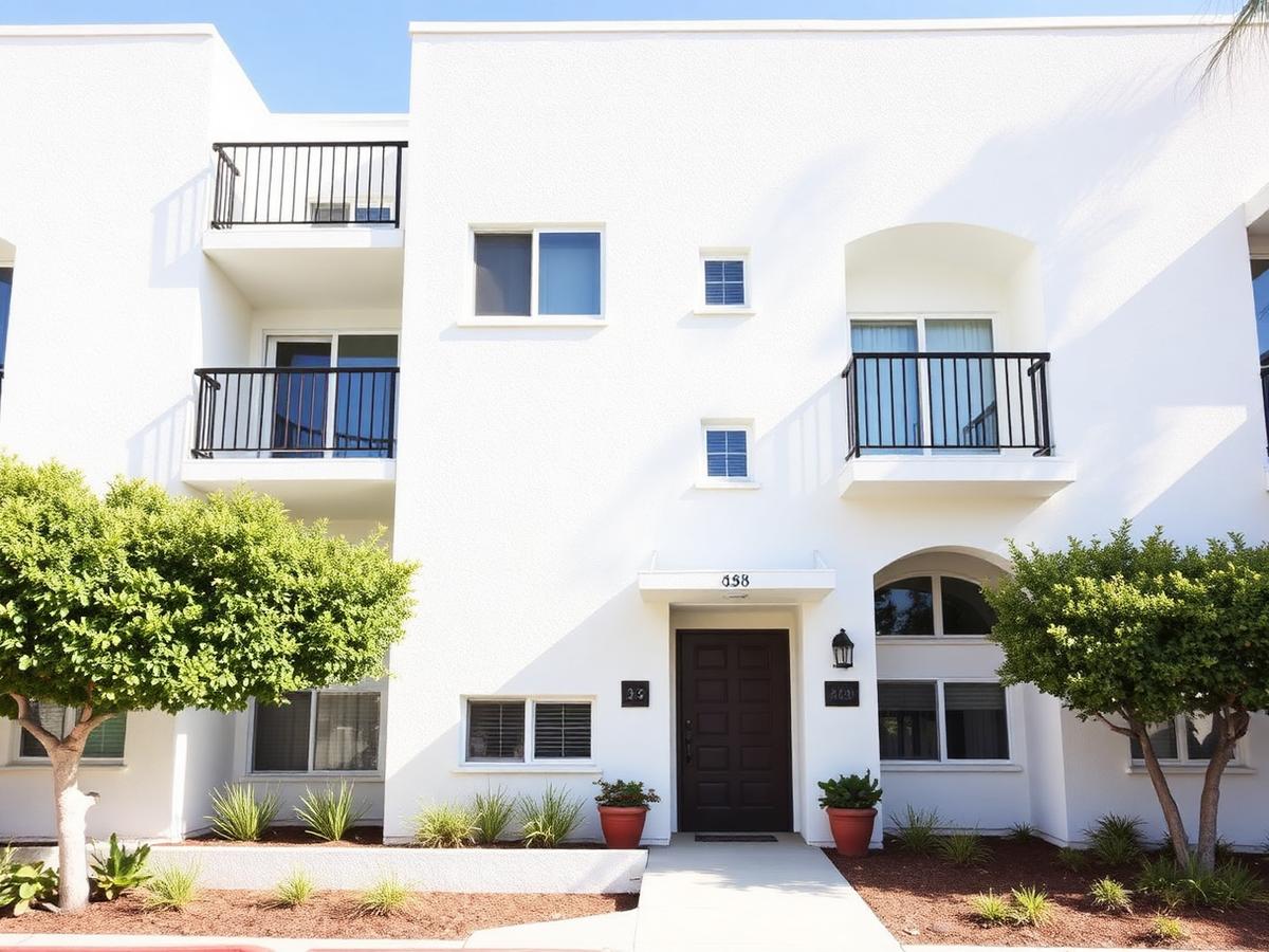 Same San Diego apartment building finished with smooth Santa Barbara stucco
