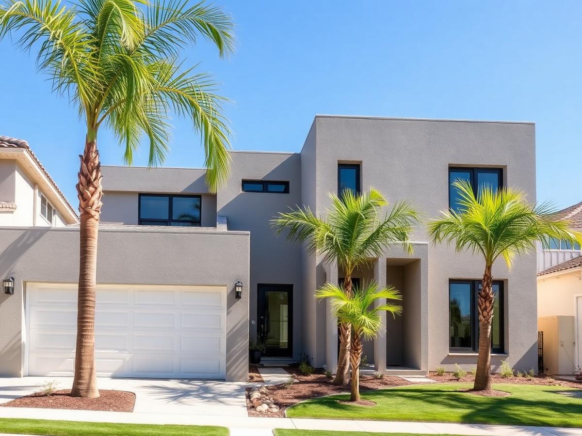 New construction modern San Diego home with smooth gray stucco