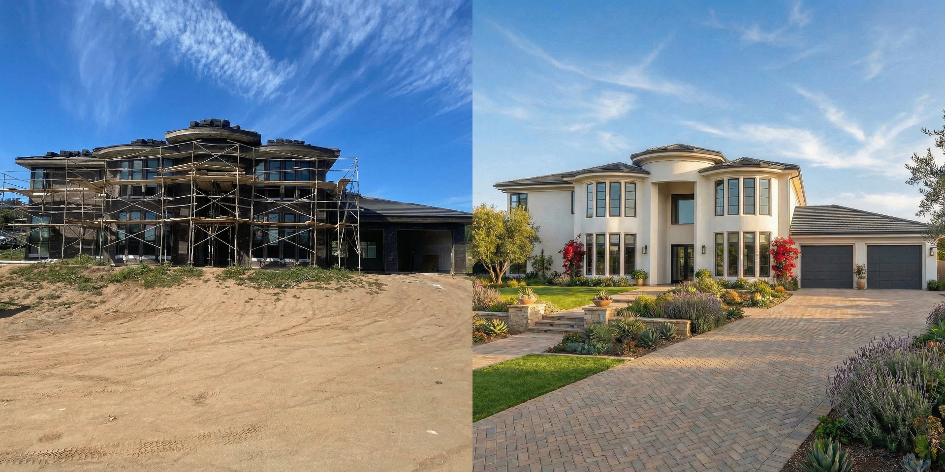 Dramatic before and after of a San Diego luxury home transformed by SD Plastering Company stucco work